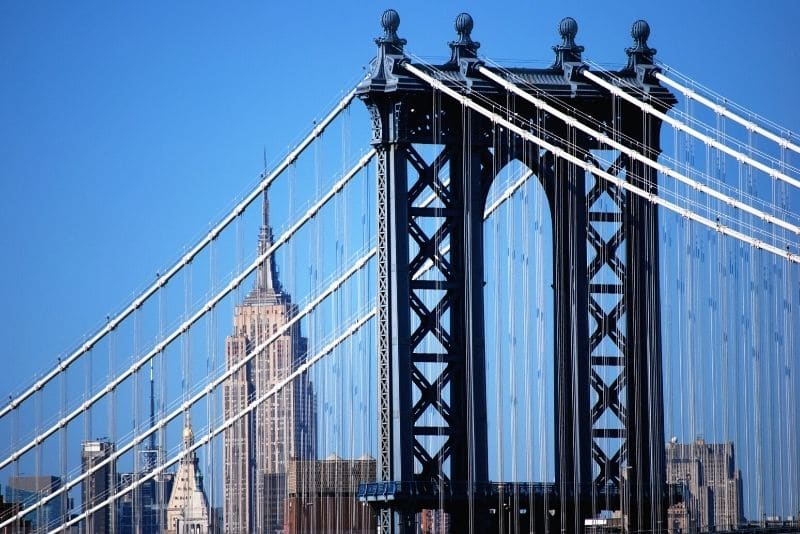 在纽约州旅游指南中推荐的曼哈顿桥上散步